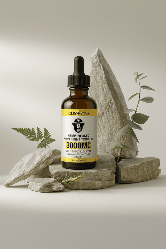 CLEOPATRA HEMP infused peppermint tincture 3000mg full spectrum CBD with turmeric and basil in amber dropper bottle on natural stone background