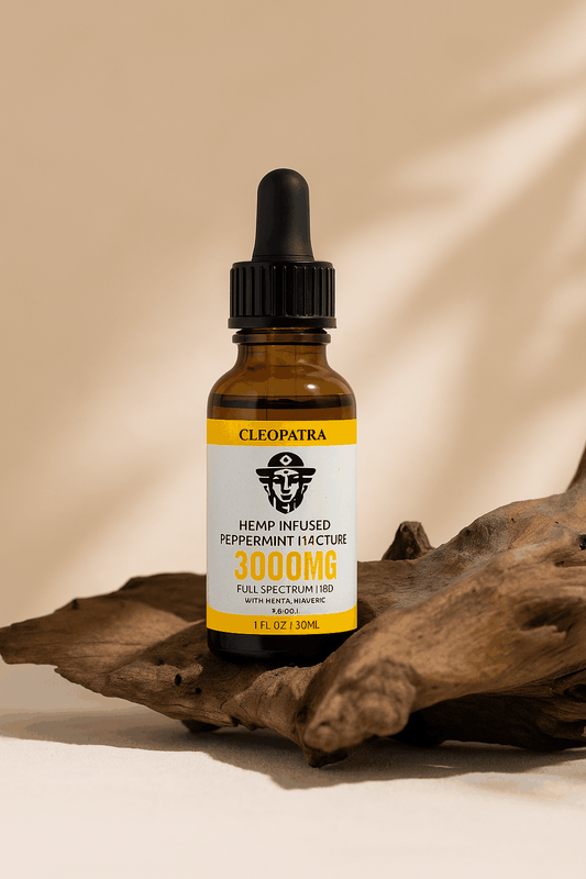 Cleopatra Hemp Infused Peppermint Tincture 3000MG full spectrum CBD bottle on natural wood background