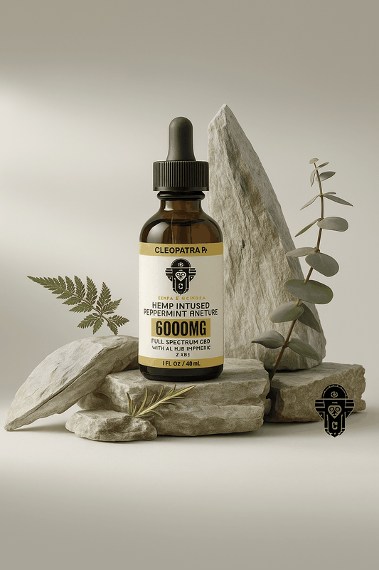 CLEOPATRA HEMP infused peppermint tincture 6000mg full spectrum CBD with turmeric and basil in amber dropper bottle on natural stone background