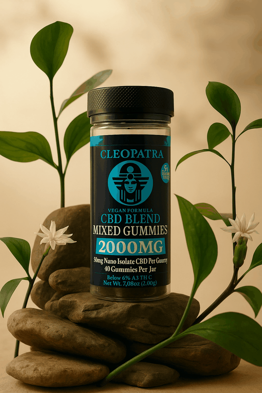 CLEOPATRA CBD mixed gummies 2000mg jar with natural stones and green leaves background