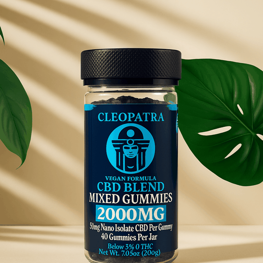 CLEOPATRA CBD vegan formula mixed gummies jar with 2000mg nano isolate CBD and 0.3% THC and CBN for pain relief and stress reduction