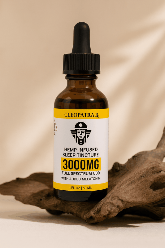 Cleopatra hemp infused sleep tincture 3000mg full spectrum CBD with melatonin in 1oz brown dropper bottle