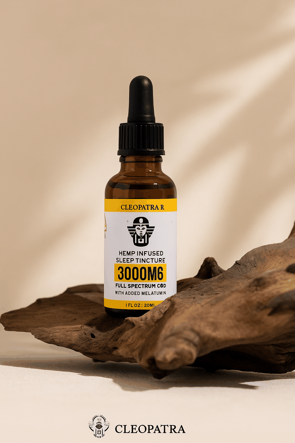 Cleopatra hemp infused sleep tincture 3000MG full spectrum CBD with added melatonin in amber dropper bottle on wood background
