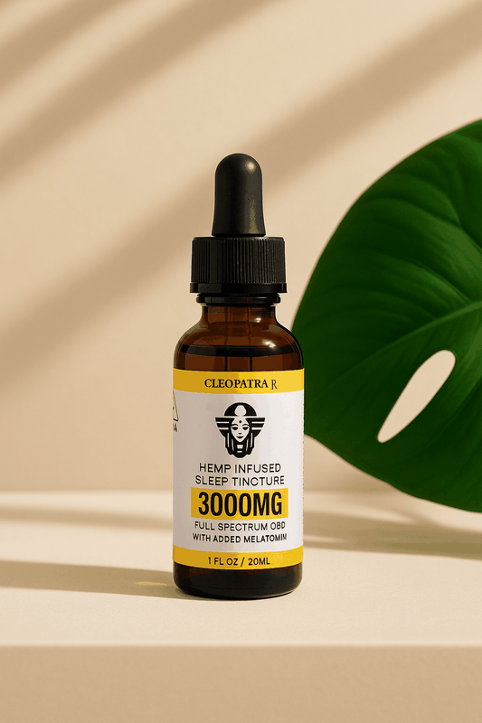 Cleopatra hemp infused sleep tincture 3000mg full spectrum CBD with melatonin in amber dropper bottle