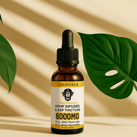 Cleopatra Hemp Infused 6000MG Full Spectrum Sleep Tincture with peppermint, turmeric, and basil in a dropper bottle.