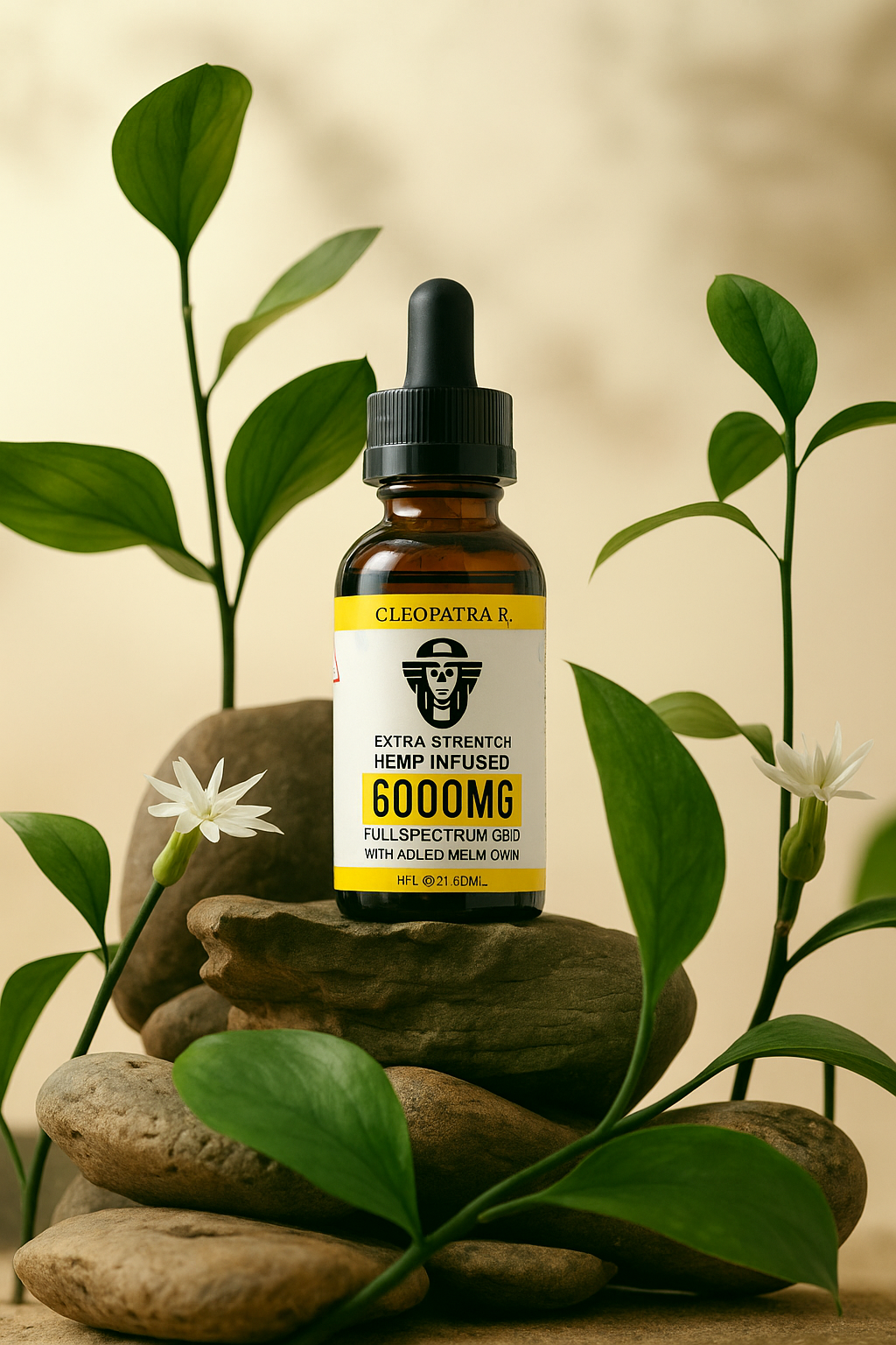 Cleopatra Hemp Infused 6000mg Full Spectrum CBD tincture with peppermint, turmeric, and basil in a dropper bottle on natural stones with green leaves and white flowers background
