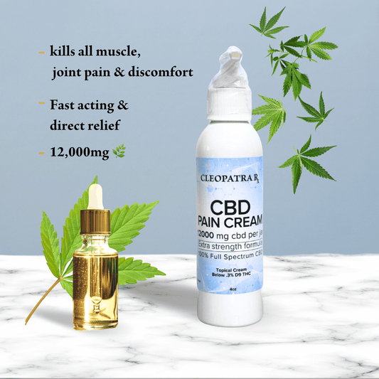 Cleopatra 12,000mg Pain Cream bottle with green leaves, ideal for fast pain relief.