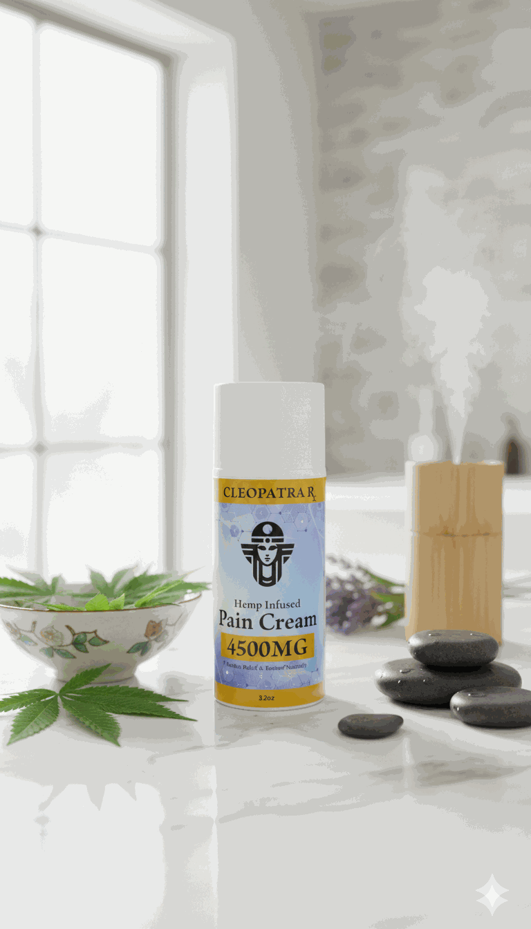Cleopatra hemp infused pain cream 4500MG on white marble with green leaves and spa stones