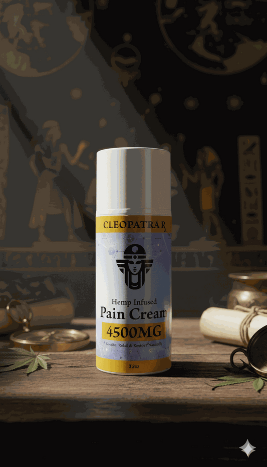 Cleopatra hemp infused pain cream 4500MG bottle on wooden table with ancient Egyptian background