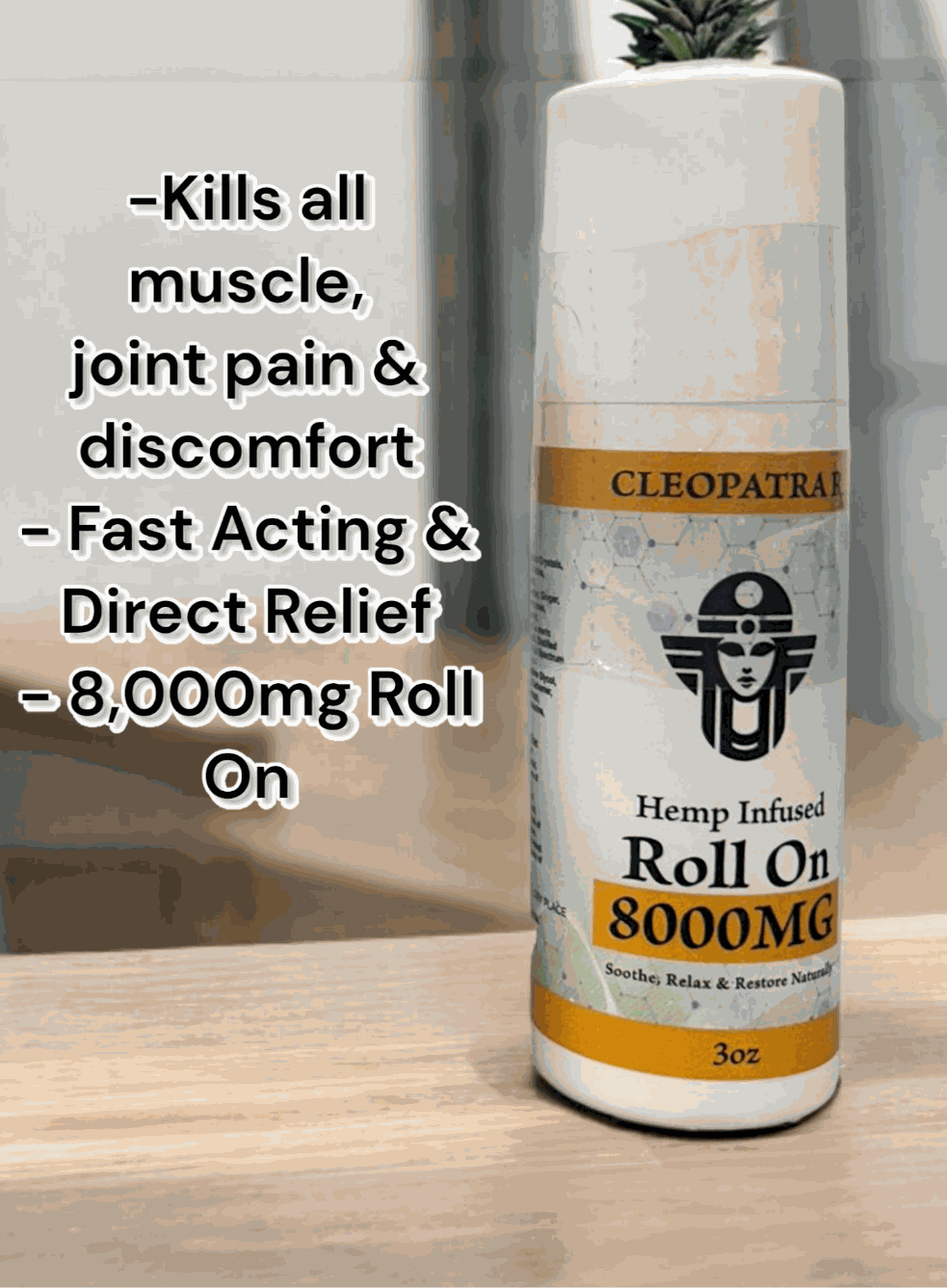 Cleopatra 8000mg pain relief cream roll-on for muscle and joint discomfort.