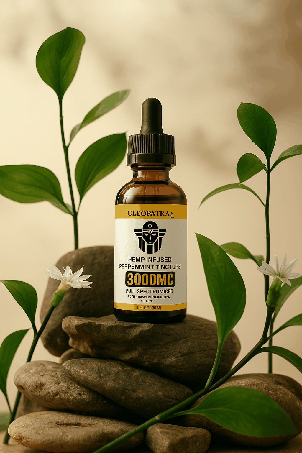 Cleopatra hemp infused sleep tincture 3000mg full spectrum CBD with peppermint, turmeric, and basil on stacked stones surrounded by green leaves.