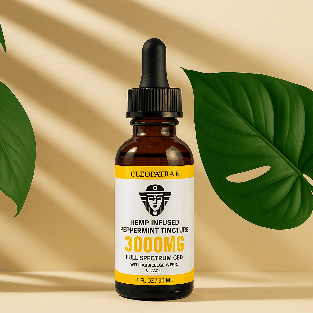 Cleopatra hemp infused sleep tincture 3000mg peppermint full spectrum CBD bottle with turmeric and basil on beige background with green leaves