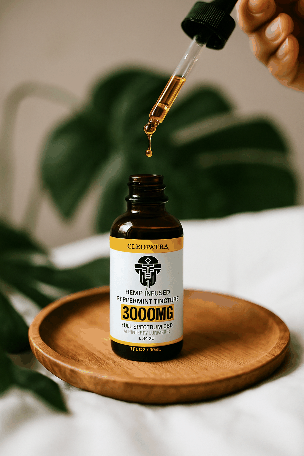 Cleopatra hemp infused peppermint sleep tincture 3000mg full spectrum CBD with turmeric and basil in dropper bottle