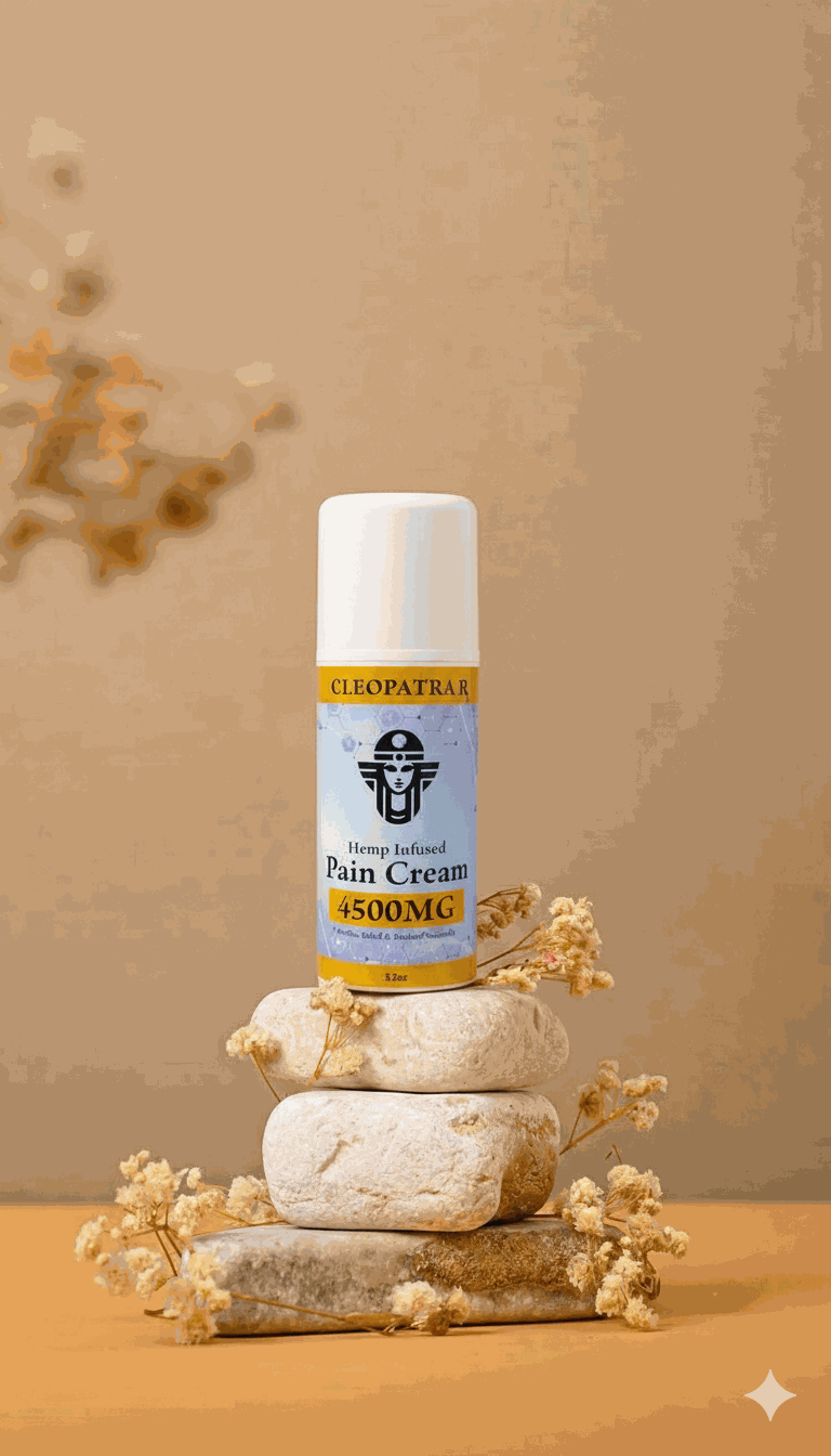 Cleopatra hemp infused pain cream 4500MG bottle on stacked stones with dried flowers background