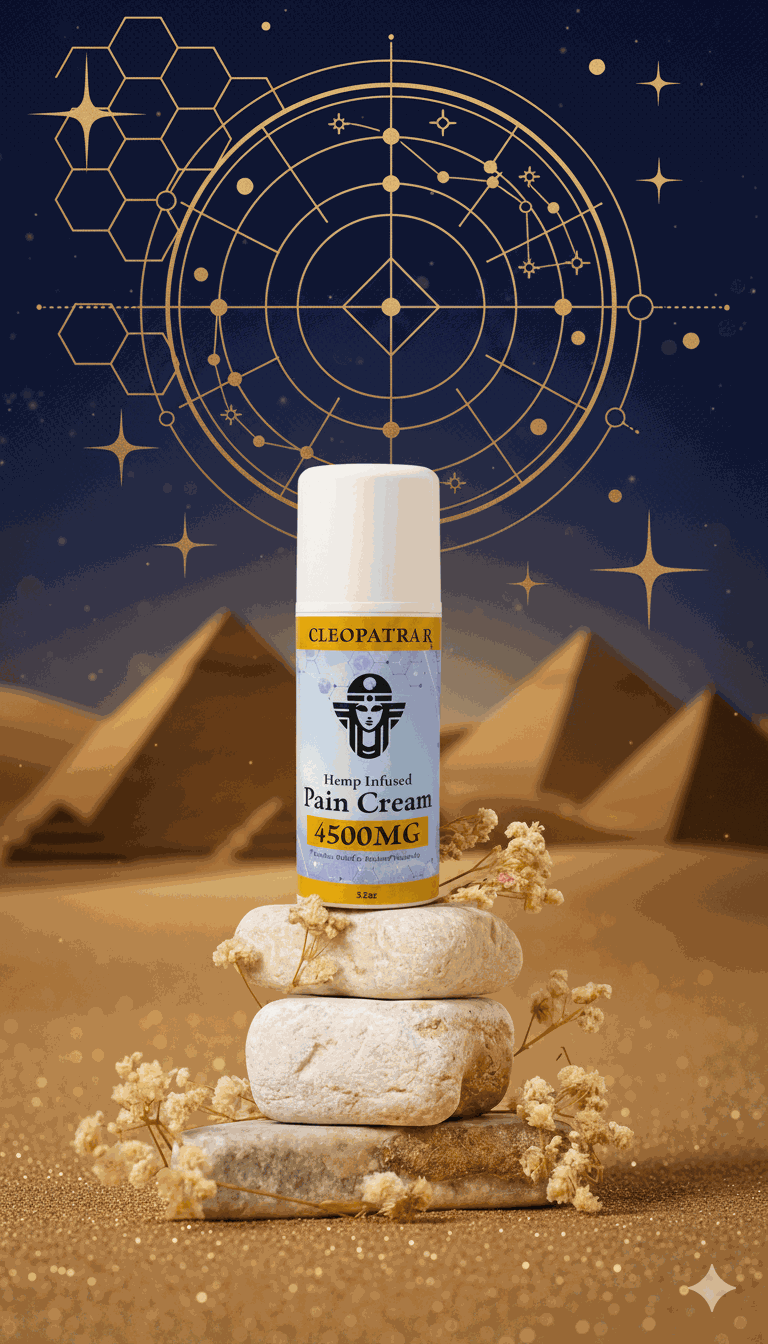 Cleopatra hemp infused pain cream 4500MG bottle with pyramids and celestial background