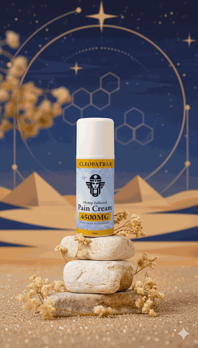 Cleopatra hemp infused pain cream 4500MG in bottle on stones with desert background