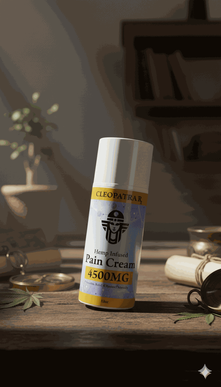 Cleopatra hemp infused pain cream 4500MG bottle on wooden table with natural light